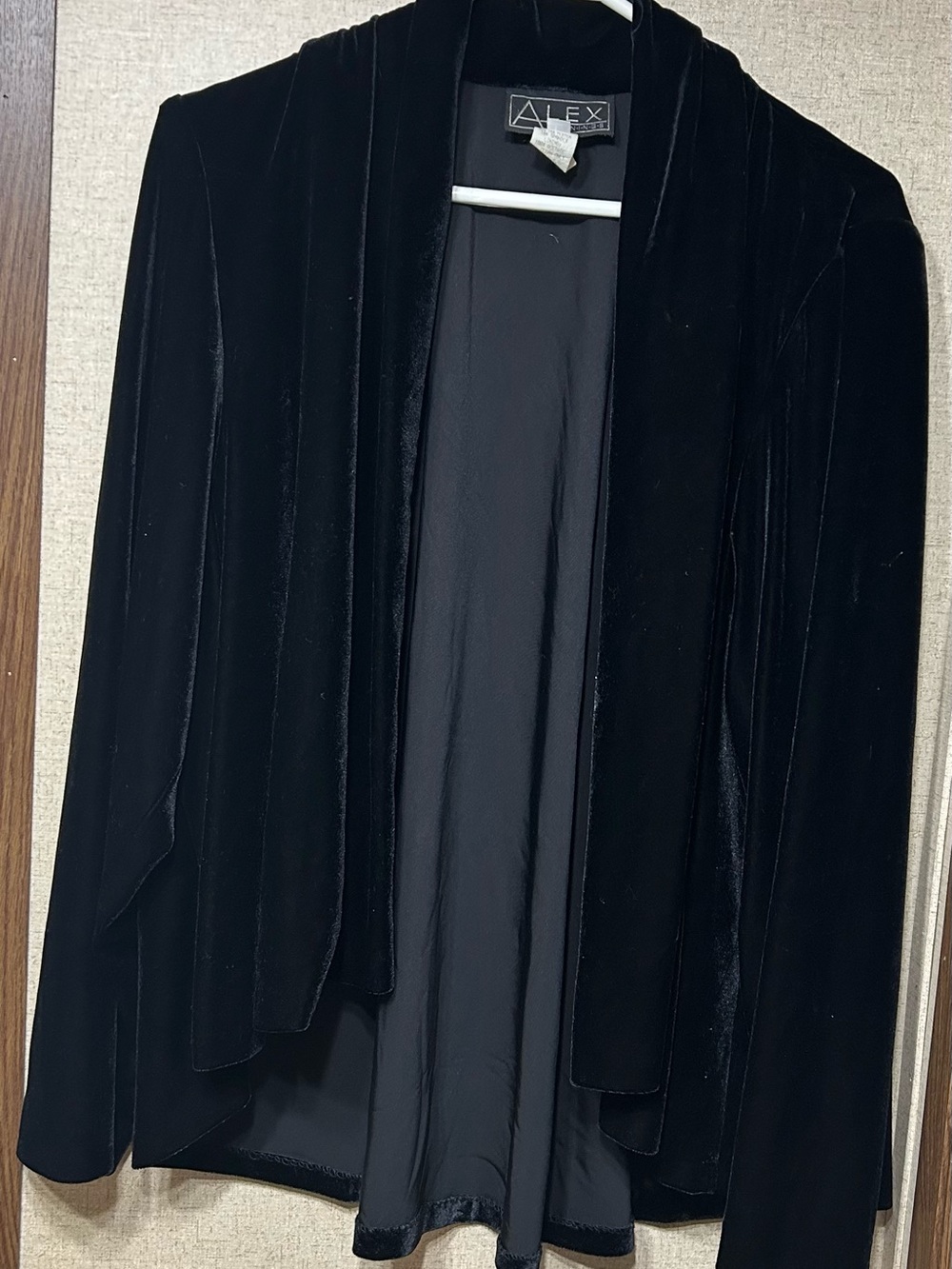 Alex Evenings Black Velvet Draped Open Front Jacket